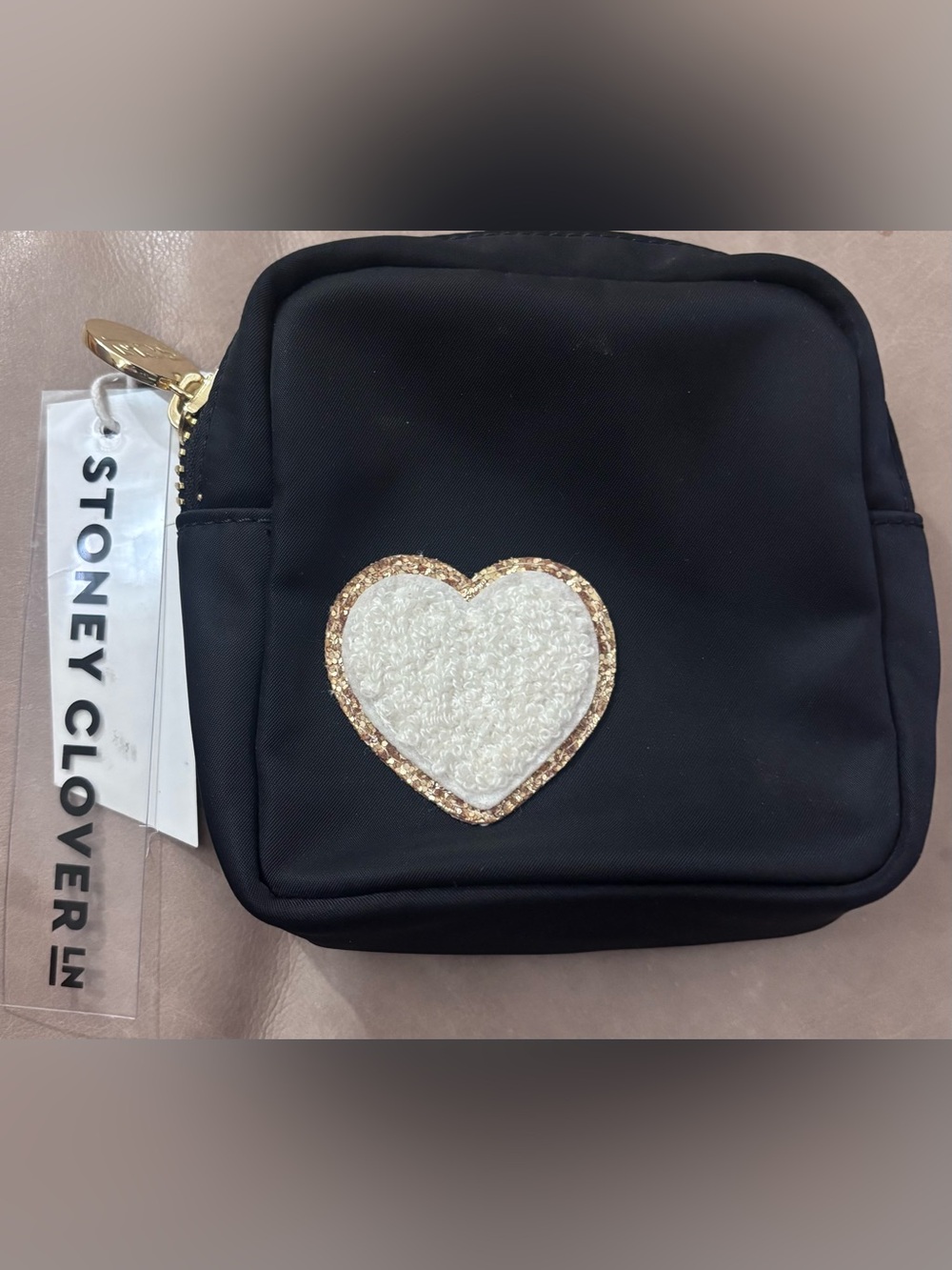Stoney Clover Lane Noir Mini Pouch Glitter Varsity Heart NWT